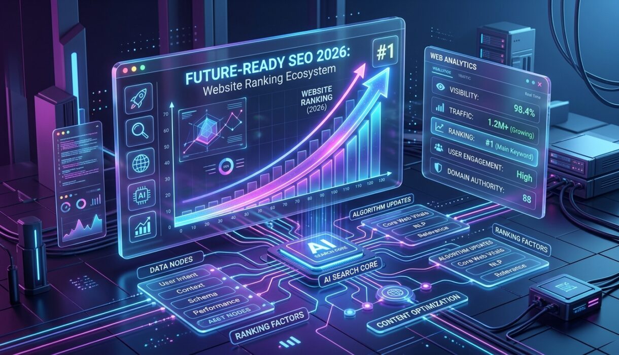 How to rank website in 2026 futuristic search engine optimization analytics and AI ranking factors illustration